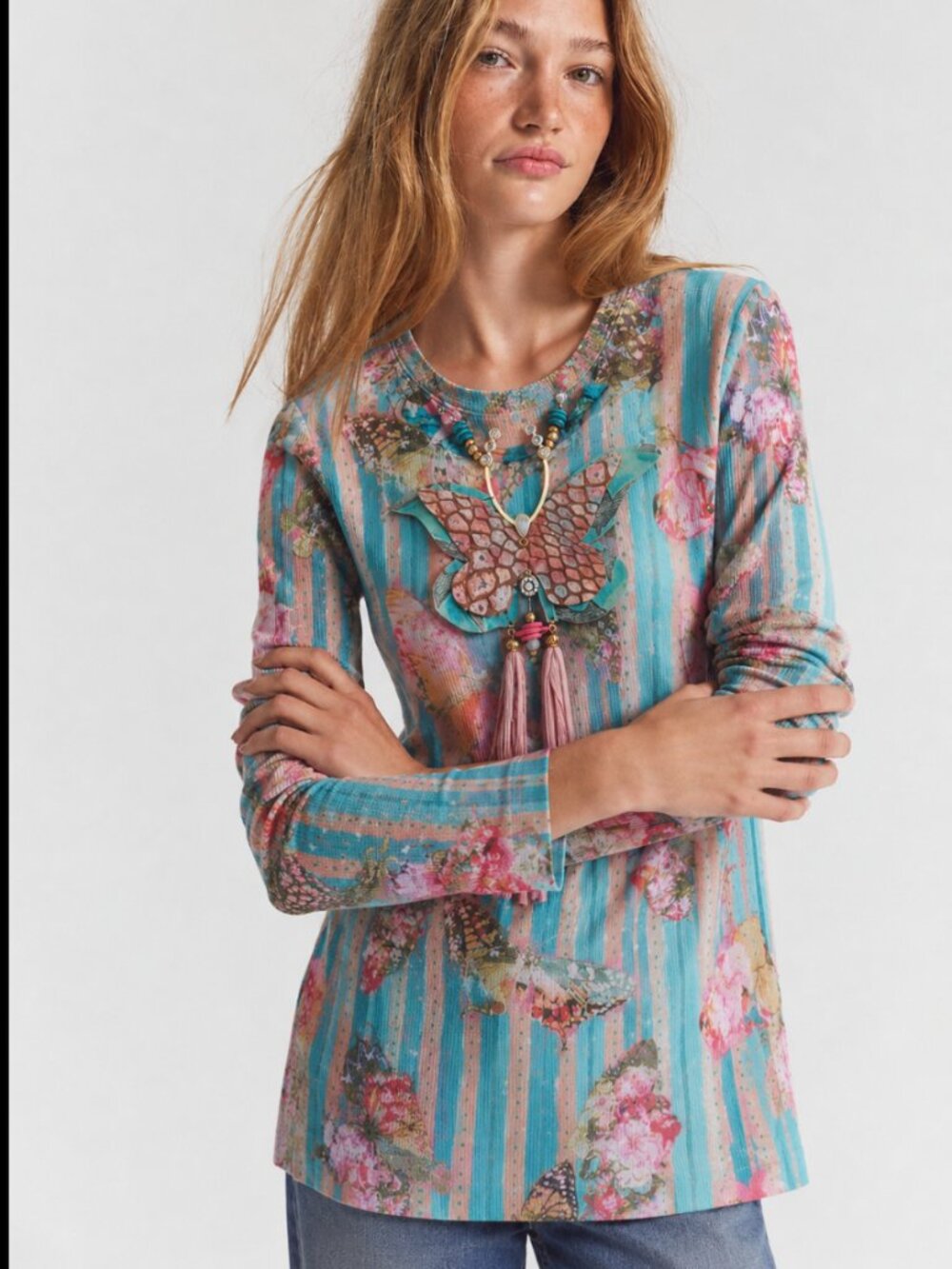Long Sleeve Floral Stripe Tee in Aqua Pink